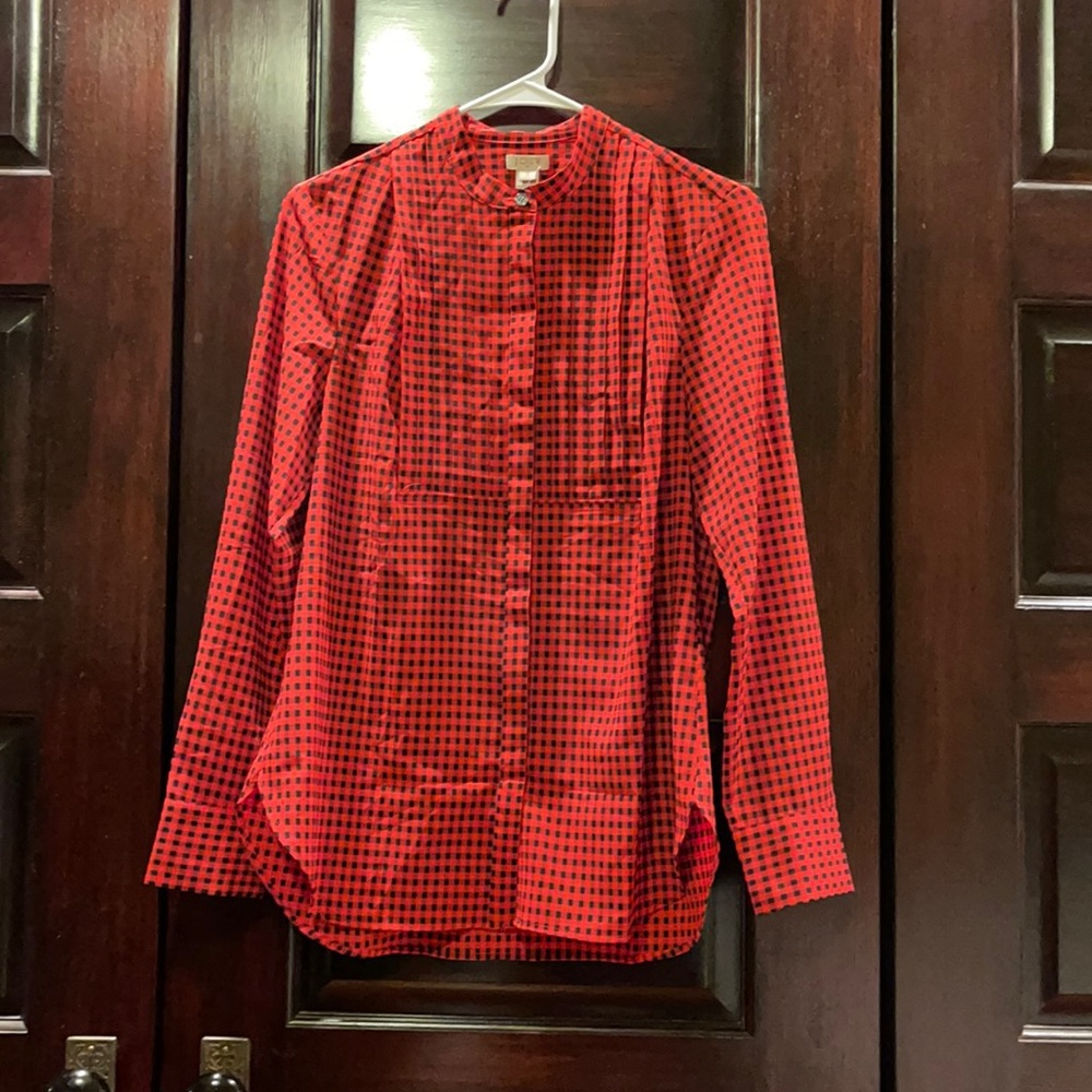 J Crew Factory pleated tuxedo blouse. Buffalo check. 100% polyester. NWT